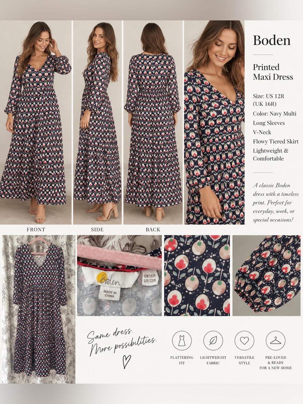 Boden Navy Floral Maxi Dress with Pink & Cream Motif